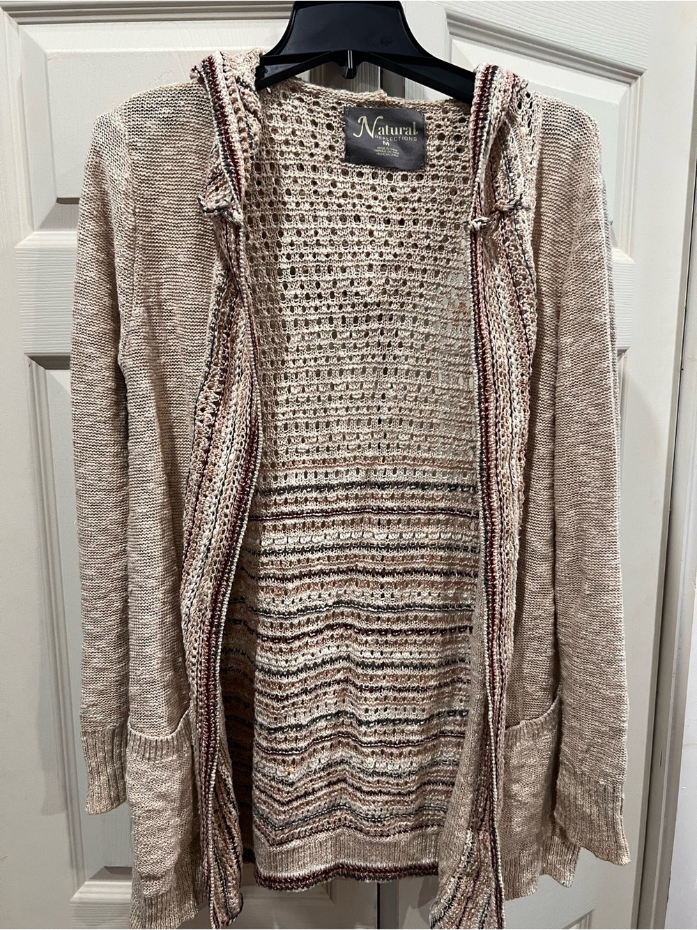 Natural Reflections Cream Knit Hooded Cardigan with Striped Accents